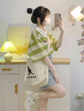 绿色条纹短袖t恤女夏季美式复古polo领学院风奶系穿搭小个子上衣