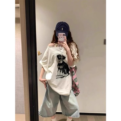 美式辣妹斜肩印花短袖T恤
