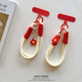 ins红色清新花朵挂件手机挂绳编织腕带手提短绳带夹片ccd钥匙扣女