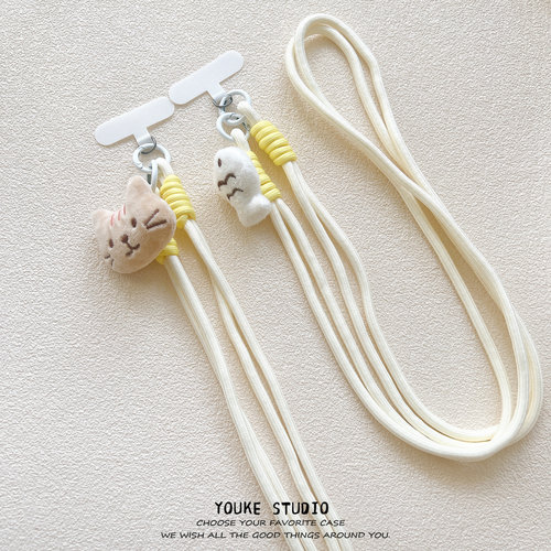 毛绒小鱼猫咪斜挎挂绳长绳编织挂链带夹片适用手机壳包包钥匙扣女