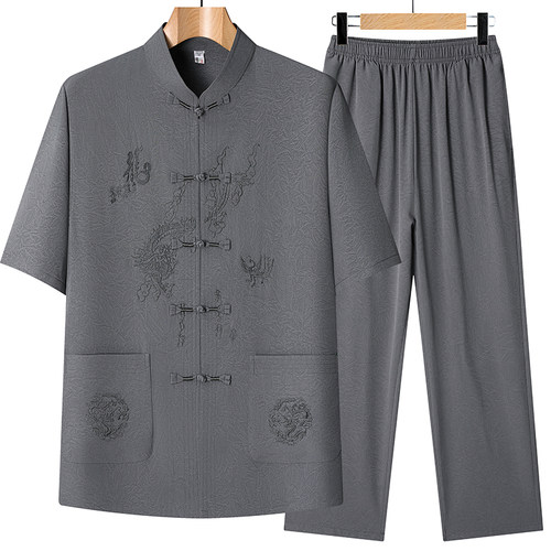 夏季冰丝短袖唐装中老年男衬衫