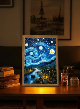 梵高星空系列灯光画网红装饰灯画背景墙led灯创意相框摆件小夜灯