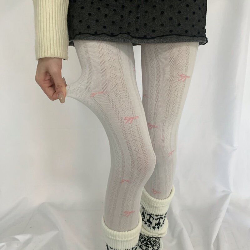 学院风少女灰色连裤袜女秋冬蝴蝶结印花百搭显瘦外穿打底裤配靴子