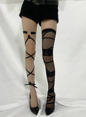 y2k未来感交叉绑带腿环高筒袜黑色亚比显瘦辣妹过膝袜大腿黑丝袜