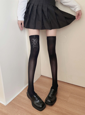 白色过膝长筒jk袜子女夏季薄款丝袜压力瘦腿印花蝴蝶结天鹅绒护膝