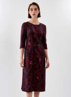 【六礼】A3品牌折扣女装高端洋气百搭气质通勤黑红花连衣裙-16053