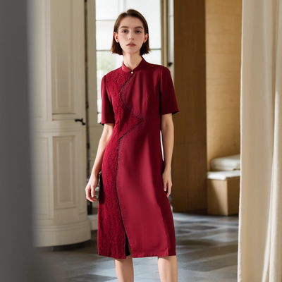 慕天姿2024冬专柜折扣精选品牌女装高端酒红慕天姿连衣裙-17019
