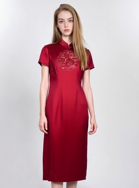 【慕天姿】专柜折扣女装高端百搭气质时尚百搭酒红色连衣裙17271