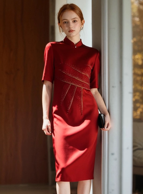 六礼专柜宴会上档次女装高端轻奢喜婆婆品牌礼服酒红连衣裙-17085