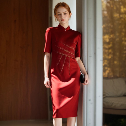 六礼专柜宴会上档次女装高端轻奢喜婆婆品牌礼服酒红连衣裙-17085