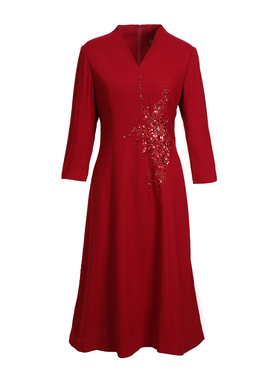 慕T姿2024冬专柜折扣精选品牌女装高端酒红色慕天姿连衣裙 -17186