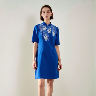 六礼专柜宴会上档次女装高端轻奢喜婆婆品牌礼服宝蓝连衣裙-17297