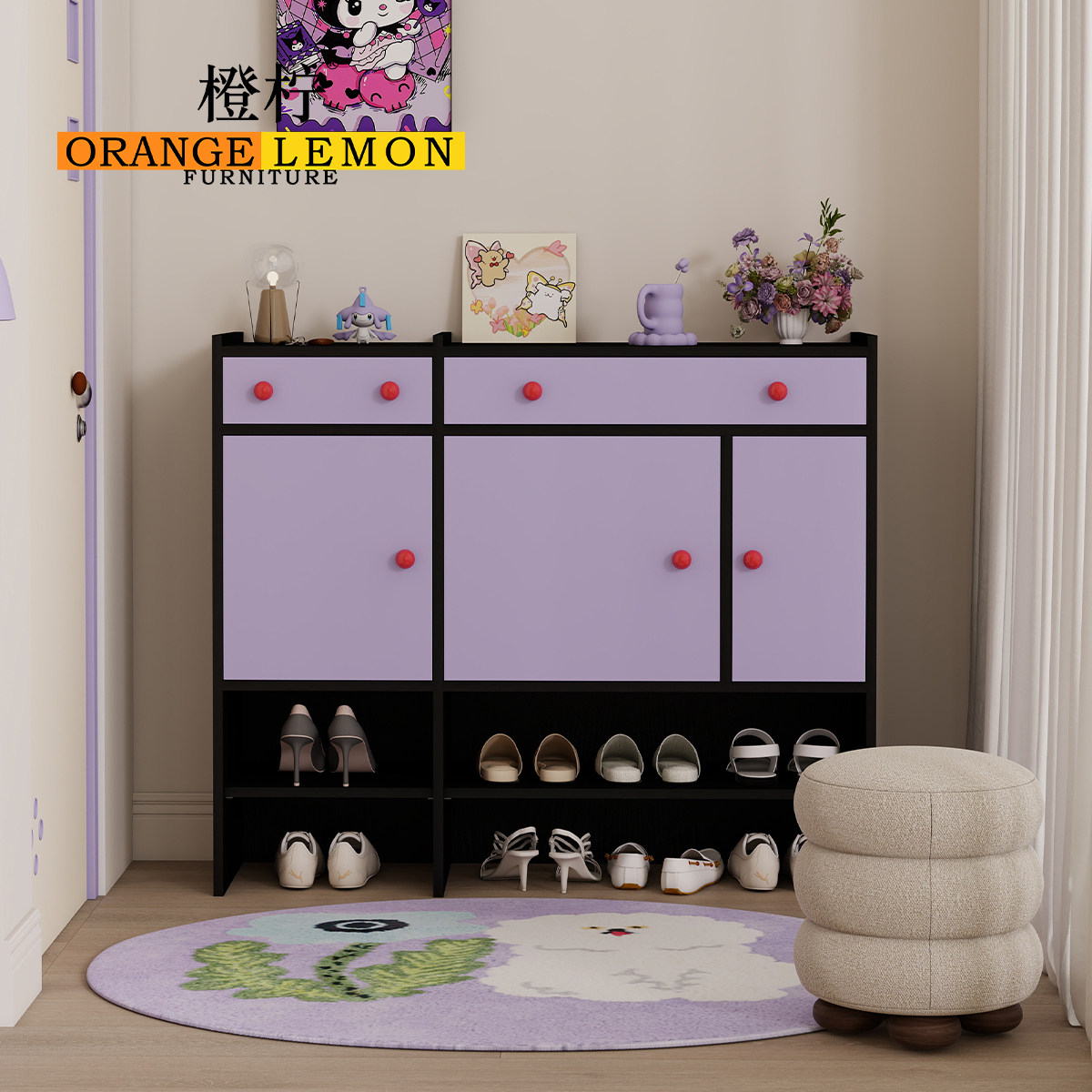 橙柠复古风实木鞋柜客厅防尘玄关收纳柜ENF级环保家用陈列柜紫色,住宅家具,家用陈列柜,淘宝优惠券,粉丝福利购,淘宝优惠卷
