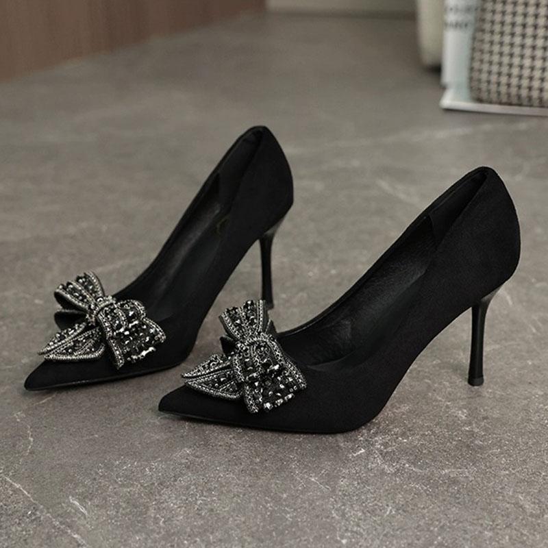 新款春季高跟鞋水钻蝴蝶结