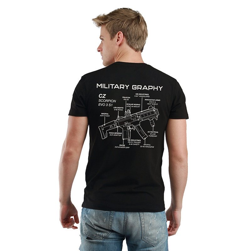 自由基地男青年机枪结构图案印花设计简约战术短袖T恤休闲合体衫
