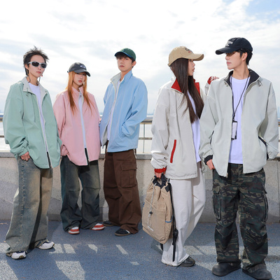 Desso春季薄款美式多巴胺立领休闲夹克男宽松风衣立领纯色外套