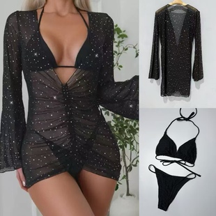 Amber外单三点式 防晒网披温泉带胸垫 分体泳衣女士比基尼性感长袖