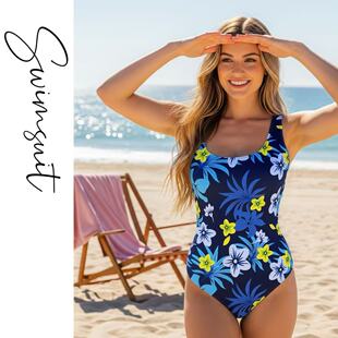 Amber外单女士时尚 花色连体游泳衣U型美背运动沙滩度假温泉带胸垫