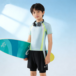 Amber儿童短袖 分体游泳衣男童中大童假两件潮酷速干冲浪沙滩玩水