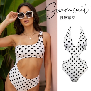 Amber外单女士浪漫波点性感镂空单件连体泳衣温泉度假泳装 带胸垫