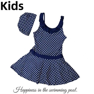 Amber中大儿童游泳馆泳衣少女无袖 连体波点可爱公主风赠泳帽 裙式