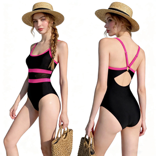 Amber外单绝美泡温泉度假性感连体高级感女士泳衣时尚 拼色带胸垫
