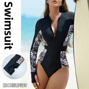 Amber外单泳衣女士保守长袖 显瘦连体游泳衣度假冲浪酷飒风带胸垫