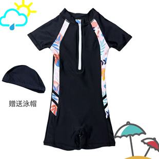 Amber儿童连体游泳衣女童短袖平角速干拉链冲浪时尚拼花小中大童