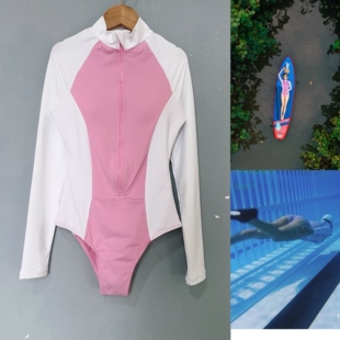 外单泳衣女士三角连体冲浪长袖 防晒拼色遮肚显瘦潜水带胸垫