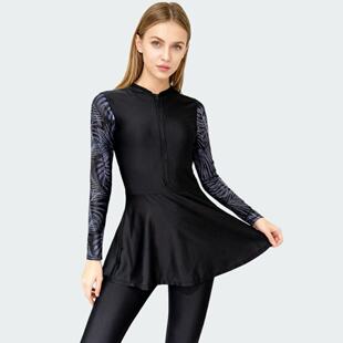 连体中长款 裙式 保守遮肚显瘦温泉 长裤 Amber外单泳衣女士防晒长袖