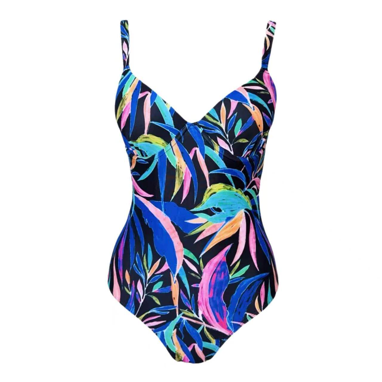 Amber外单女士性感聚拢钢圈三角连体泳衣修身遮肚显瘦沙滩带胸垫