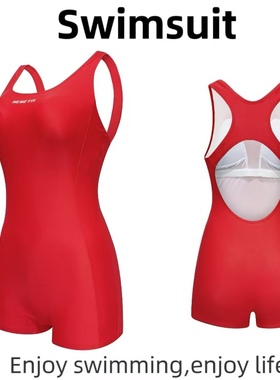 Amber锦纶高弹红色泳衣微胖女士遮肉平角连体专业竞速训练带胸垫