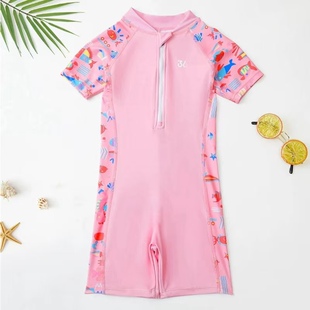 Amber儿童泳衣女孩拉链短袖 连体中大童速干冲浪可爱卡通训练泳装