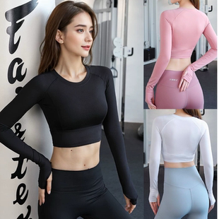 露脐运动紧身跑步瑜伽服上衣 弹力短款 Amber健身长袖 T恤女士时尚