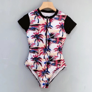 Amber外单 泳衣女士拉链短袖连体冲浪潜水服防晒速干显瘦 带胸垫