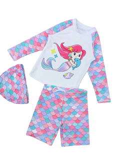 Amber外单儿童分体游泳衣女童长袖 美人鱼防晒速干海边沙滩中大童