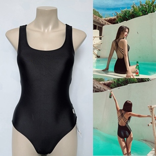 Amber外单UPF50 连体泳衣性感海边三角高级感纯黑温泉度假带胸垫