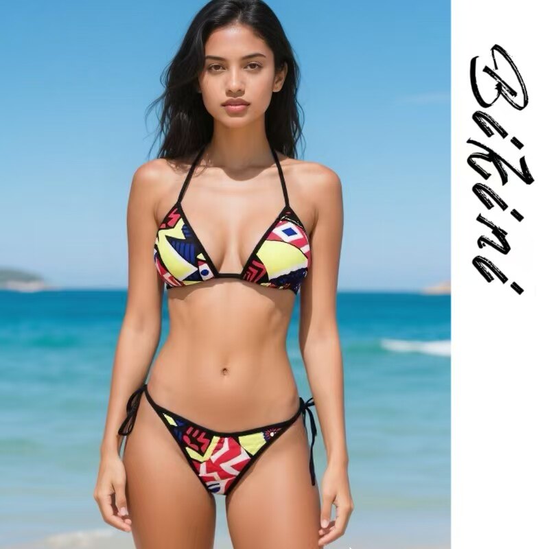 Amber外单欧美分体游泳衣女士性感系带印花比基尼沙滩度假带胸垫