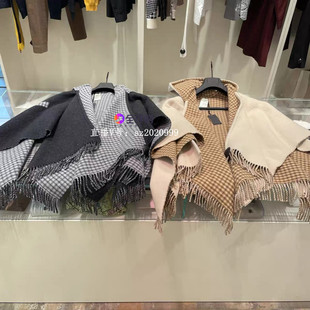 海外折扣村直邮羊毛羊绒格纹双面可穿流苏连帽斗篷披肩大衣外套女