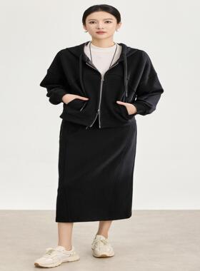 2517205-通勤柔暖羊毛混纺连帽卫衣外套+松紧腰半裙套装南油新款