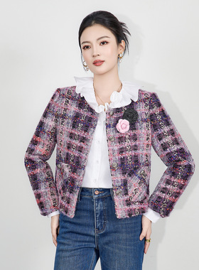 2516409-90白鸭绒炫彩金丝粗花呢小香风外套女羽绒服冬季南油新款