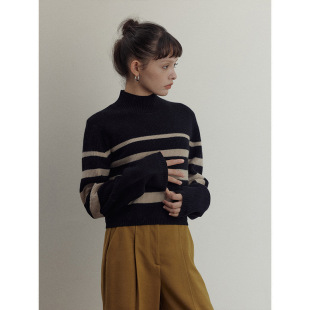 休闲百搭全羊毛领条纹长袖 新品 秋季 毛织套头上衣H5660 玳禾