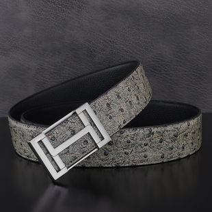 新款鸵鸟纹皮带男士真皮平滑扣头层牛皮休闲百搭腰带男青年系裤带
