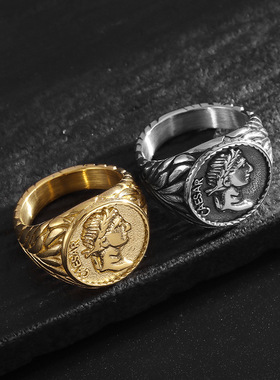 欧美罗马帝国凯撒大帝不锈钢戒指时尚复古电镀硬币人像指环英文版