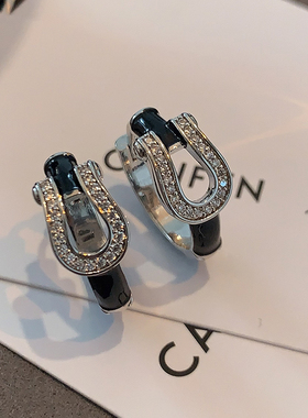 黑色宝石圈圈耳扣2026新款爆款耳饰轻奢高级感欧美小众马蹄扣耳环