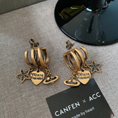 古铜色西太后土星耳环2026新款 高级感多圈耳钉女机风朋克耳饰 爆款