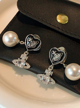 黑色双面爱心耳扣西太后耳环2025新款爆款高级感珍珠耳坠朋克耳饰