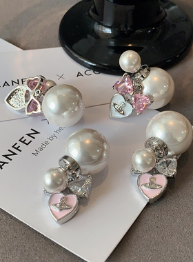 西太后爱心耳环2026新款高级感镶钻蝴蝶结耳饰女轻奢双面珍珠耳饰