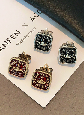 黑色方形珐琅西太后耳环2025新款爆款高级感耳钉轻奢复古朋克耳饰