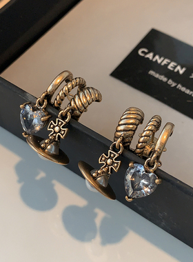 黑色古铜做旧西太后耳环2025新款高级感耳钉中性朋克复古爱心耳饰